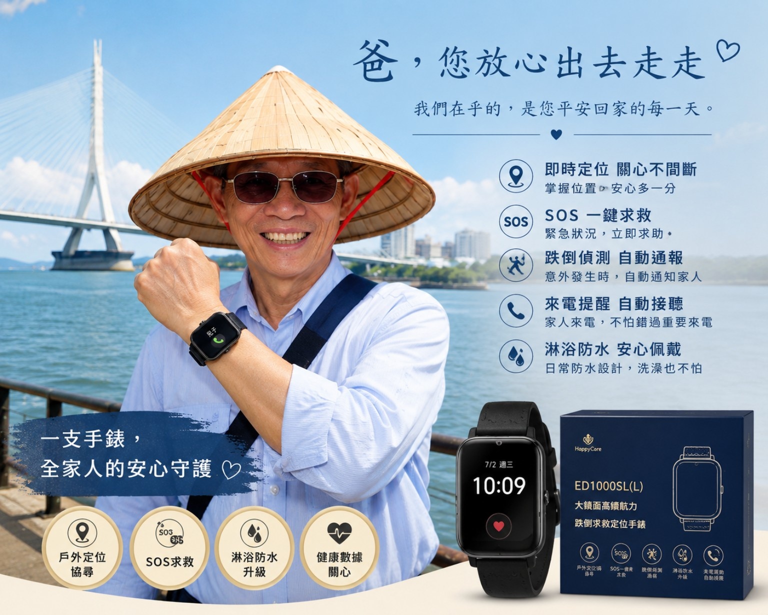 ED1000SL (L) 大鏡面高續航力跌倒求救淋浴防水定位手錶_來電震動時尚設計款 (原廠一年保固)