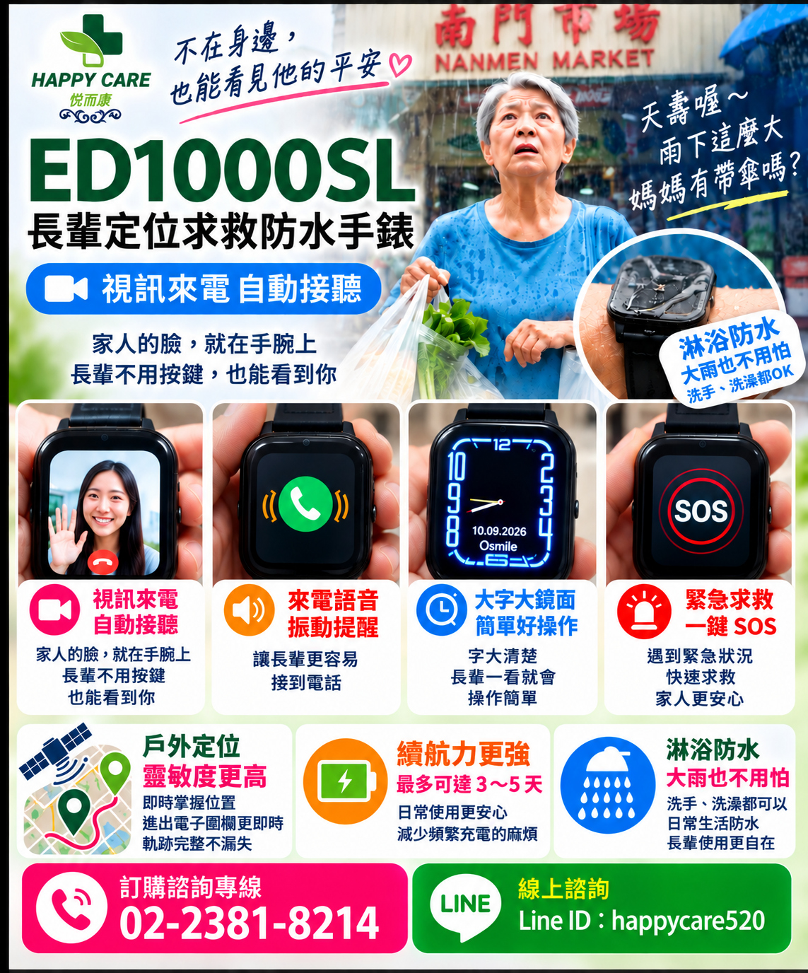 ED1000SL (L) 長輩定位求救防水手錶__大鏡面高續航力_來電震動時尚設計款 (原廠一年保固)