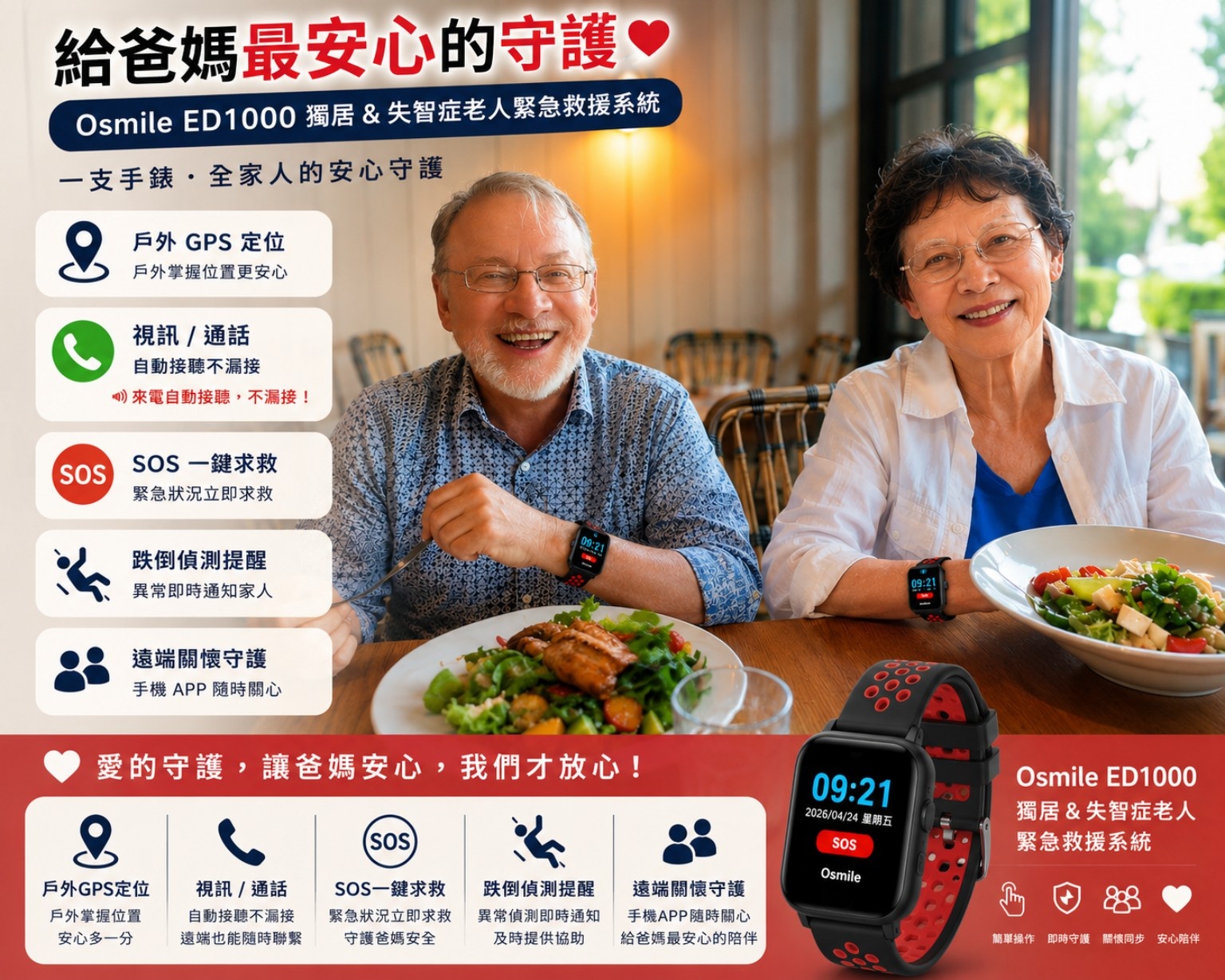 ED1000 (L) 獨居老人遠距關懷跌倒求救定位手錶