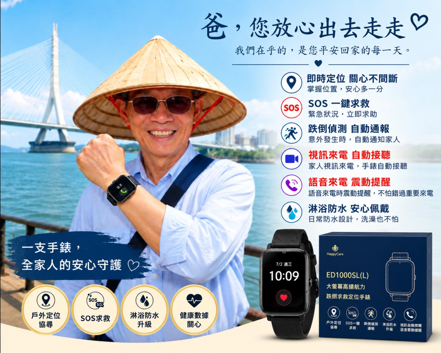 ED1000SL (L) 長輩定位求救防水手錶__大鏡面高續航力_來電震動時尚設計款 (原廠一年保固)